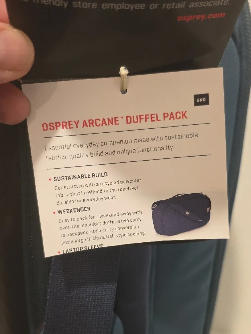 NWT OSPREY Teal Blue Arcane 30L Duffel Pack